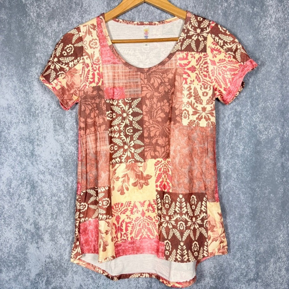 LuLaRoe Classic T Shirt Women XS Pink Brown Patchwork Damask Floral Short Sleeve